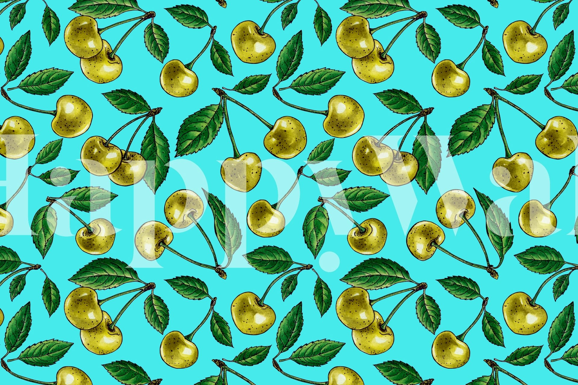 Yellow cherries pattern on turquoise background wall mural