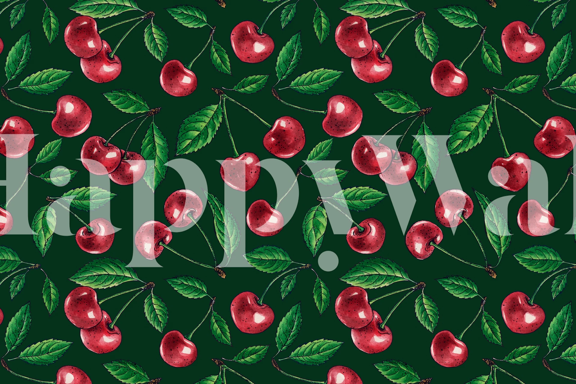 Red cherries with green leaves on dark green wallpaper