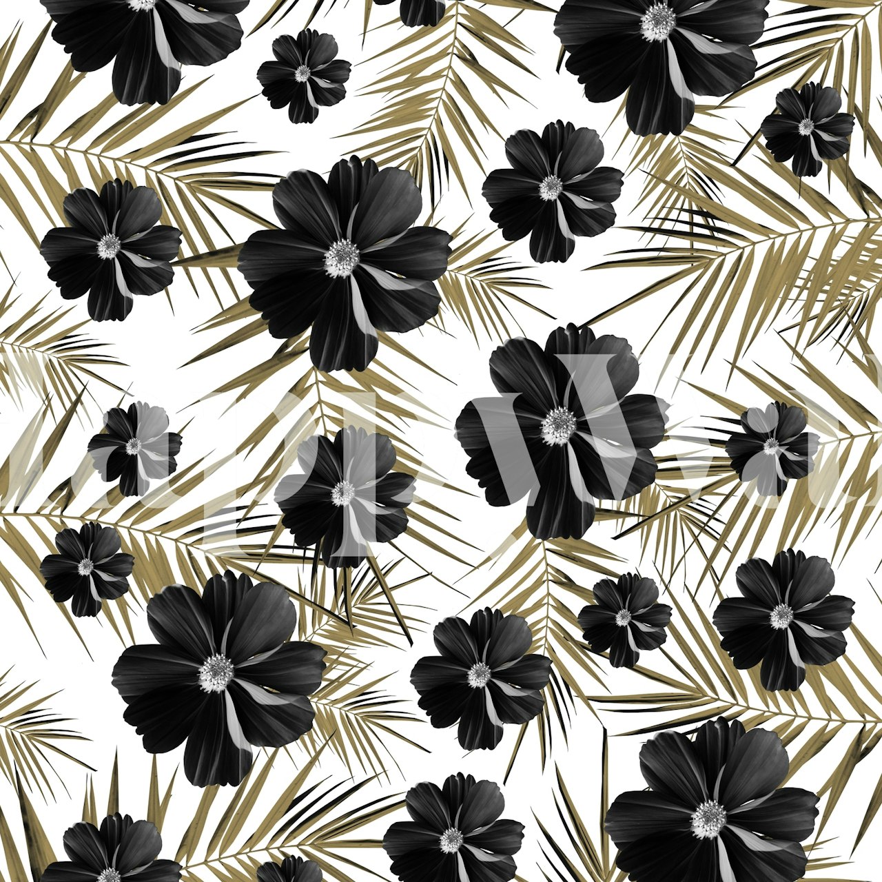 Black floral patterns with gold palm leaves wallpaper