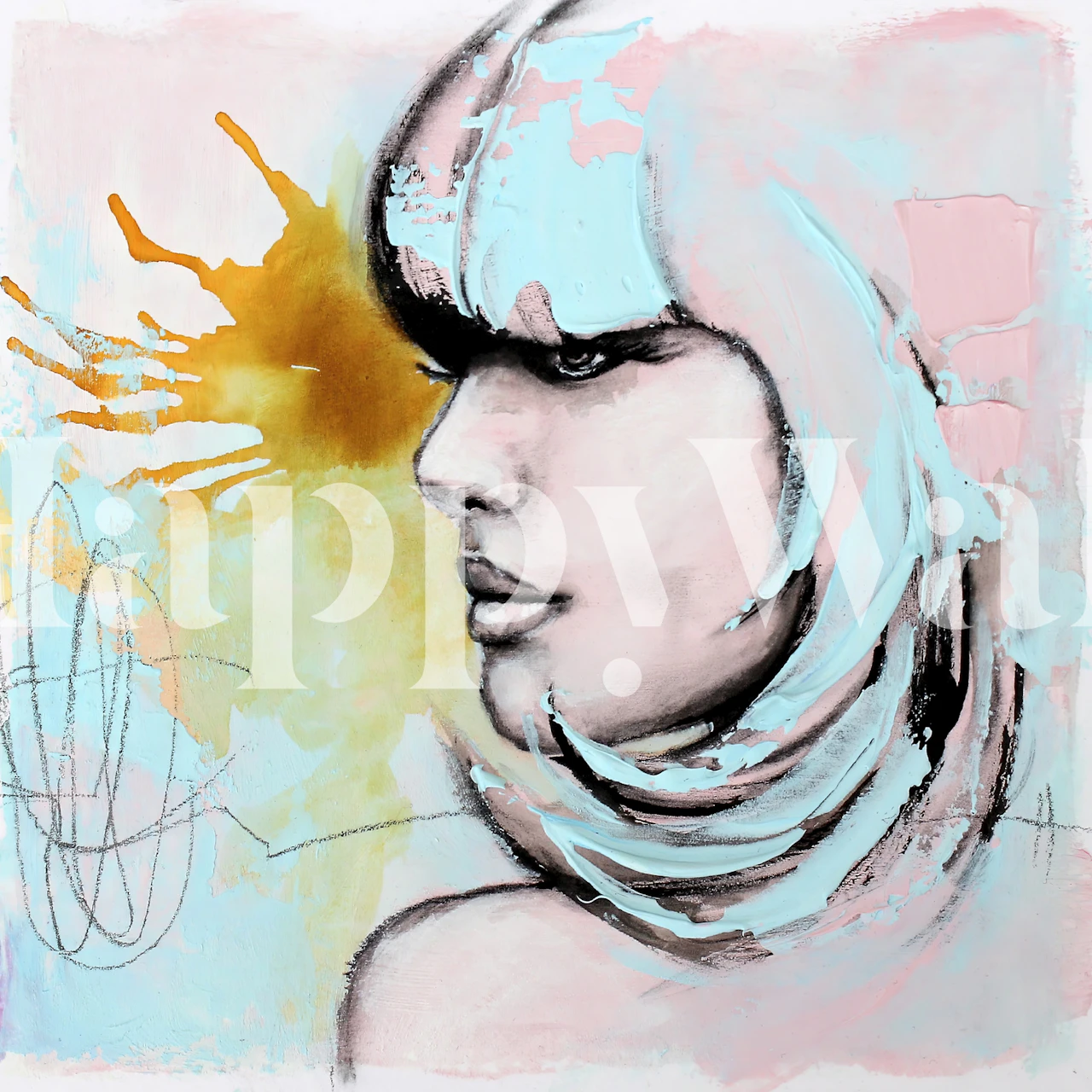 Stylish abstract mural of a woman with colorful streaks