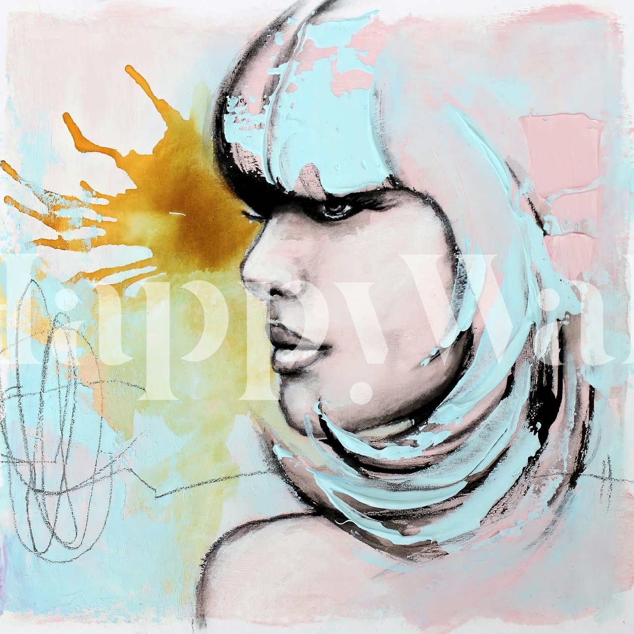 Elegante mural abstracto de una mujer con rayas de colores