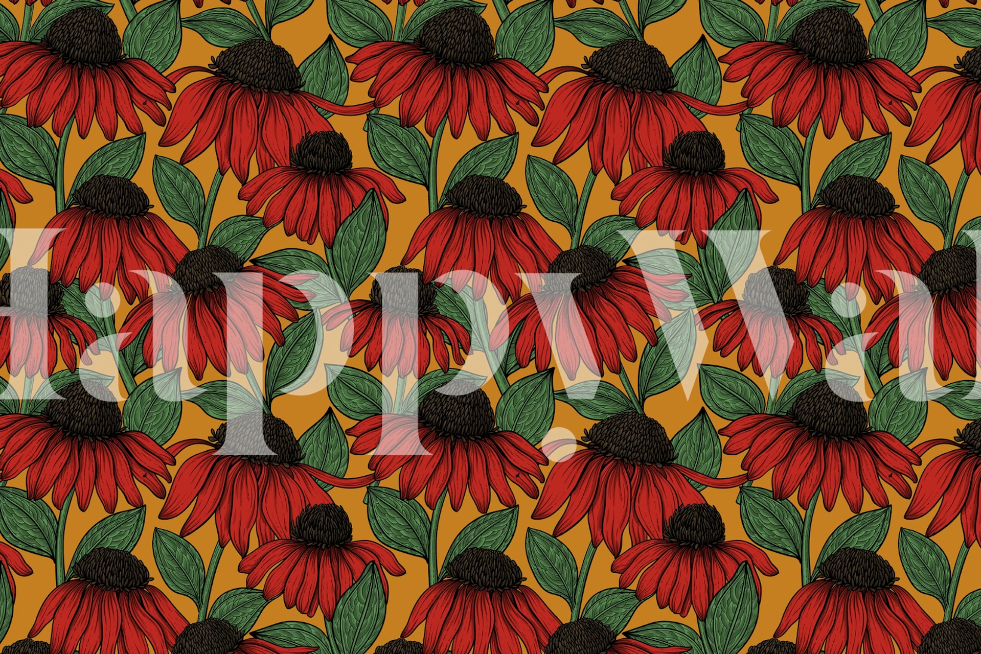 Red coneflowers with green leaves on yellow backdrop wallpaper
