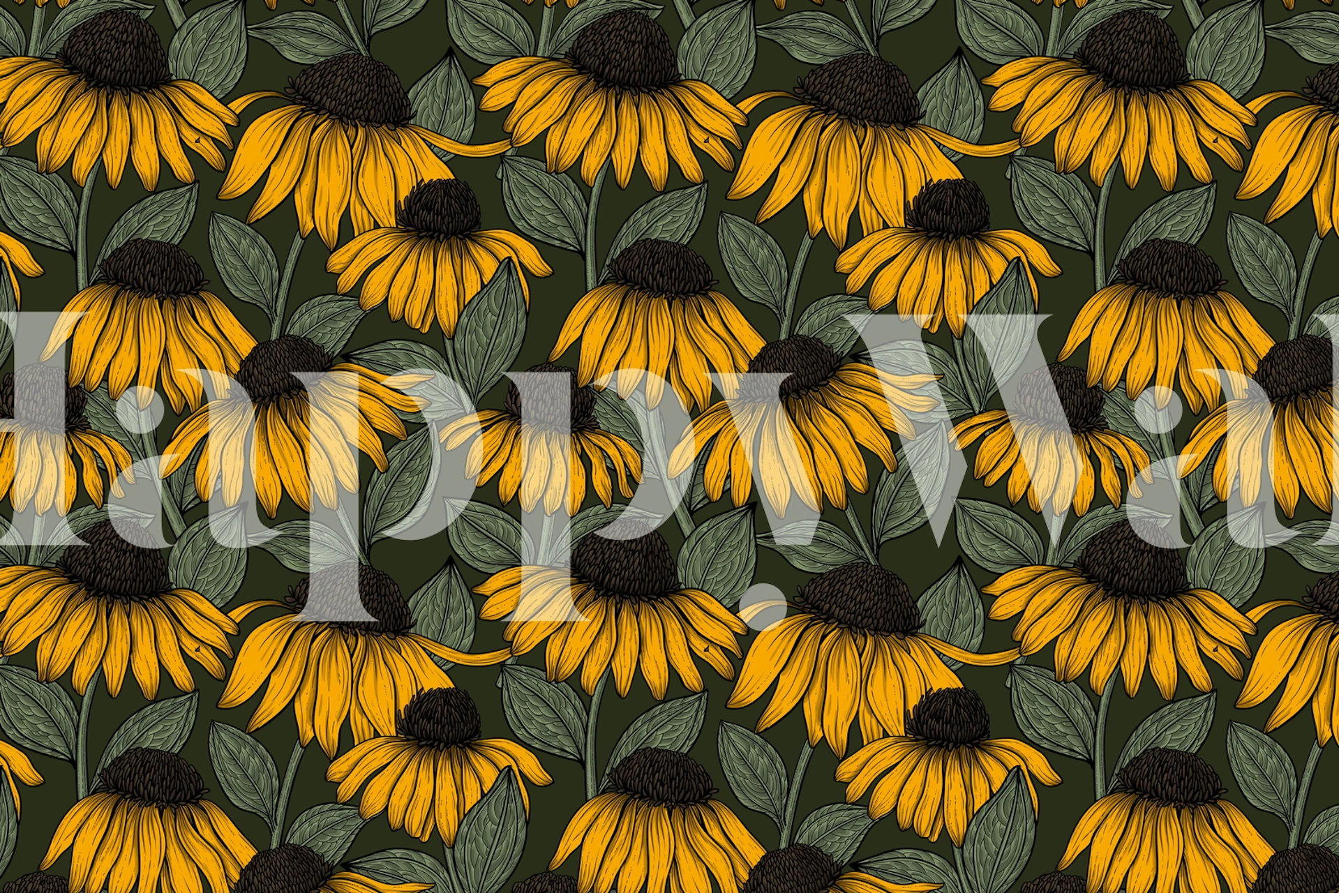 Yellow coneflowers with green leaves on a dark green background wallpaper