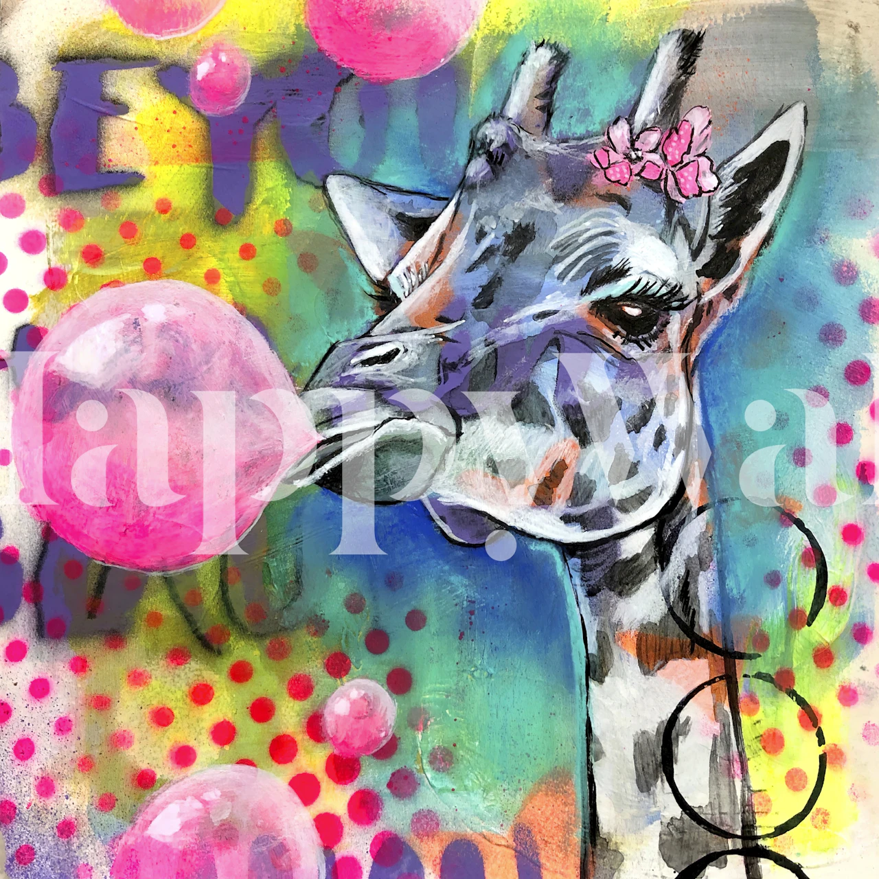 Funny giraffe blowing bubble gum with colorful bubbles wallpaper