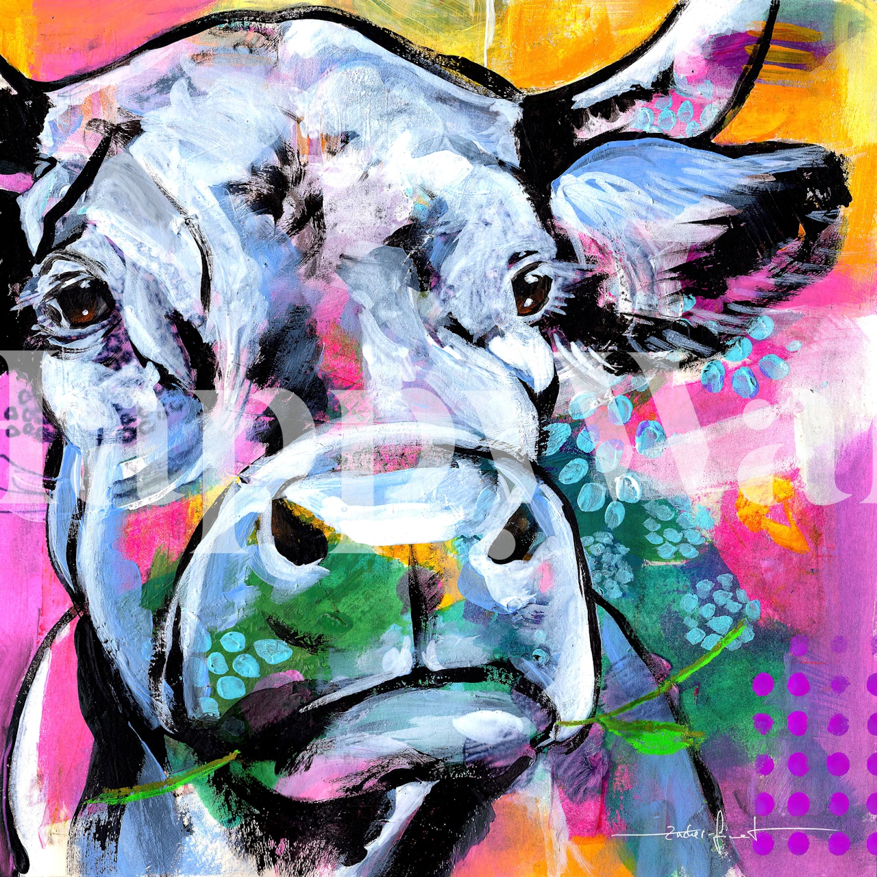 Colorful cow art with bright pink, blue, and green tones wallpaper