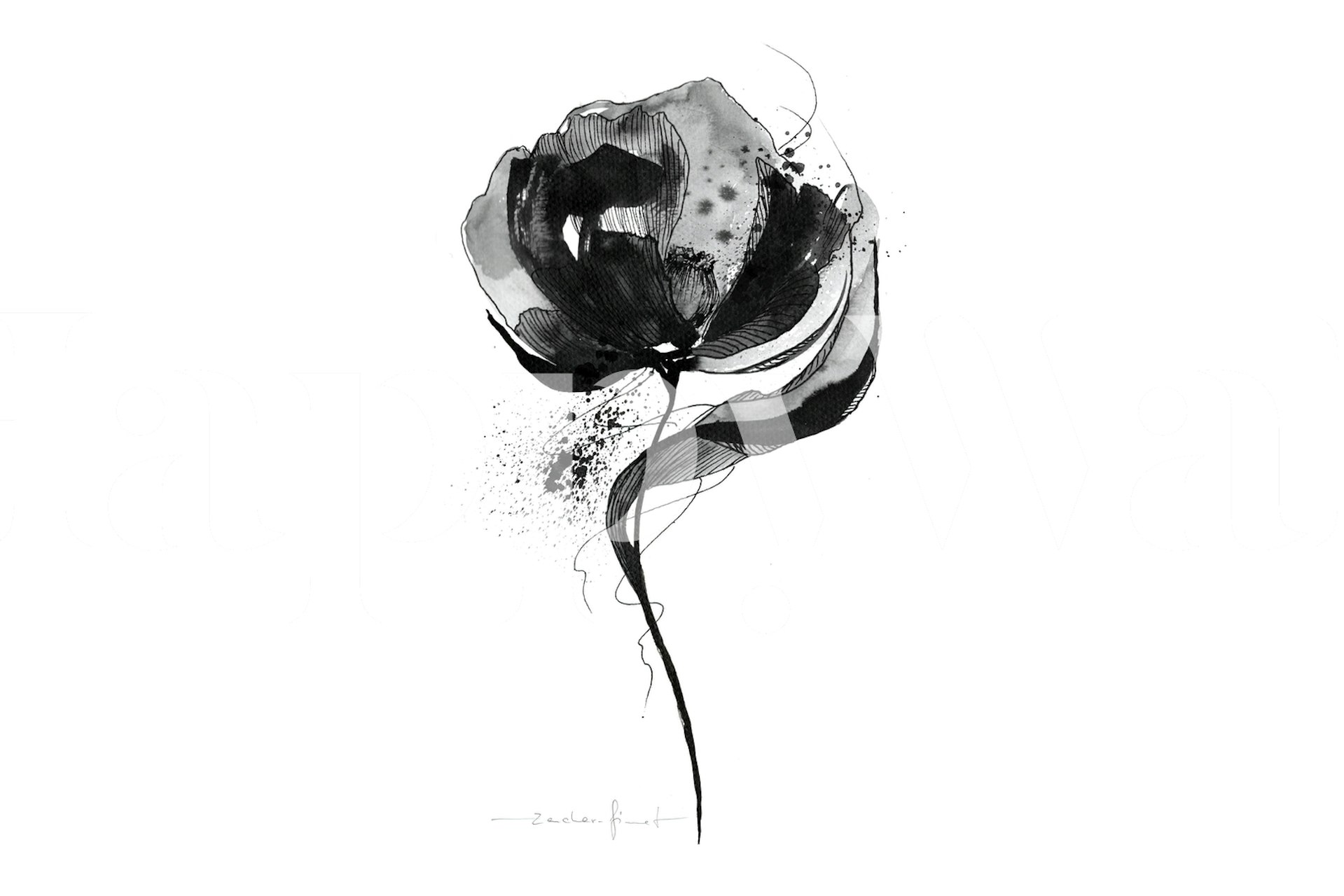 Black και white μινιμαλιστικός τοίχος mural λουλουδιών