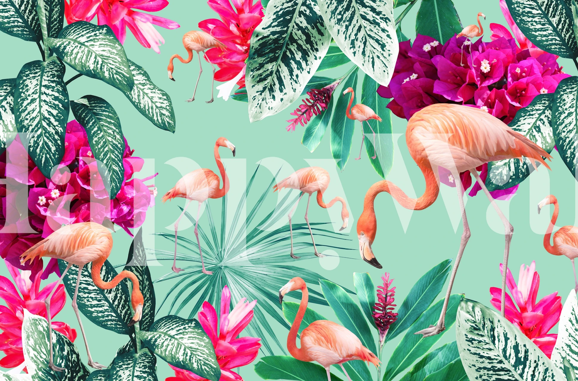 Tropical flamingo wallpaper with pink flamingos and vibrant flowers