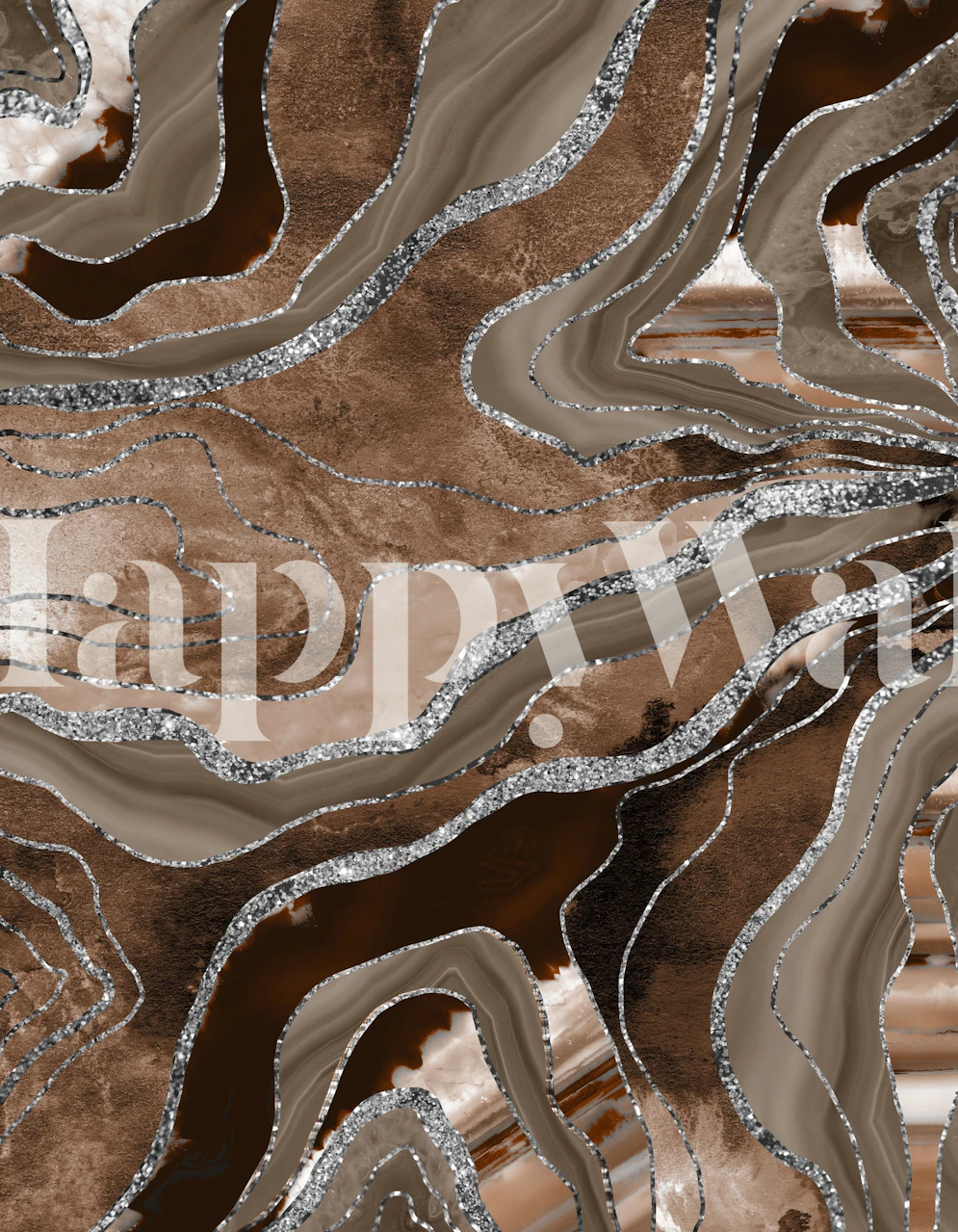 Papier peint luxueux en agate de marbre marron avec des accents argentés brillants