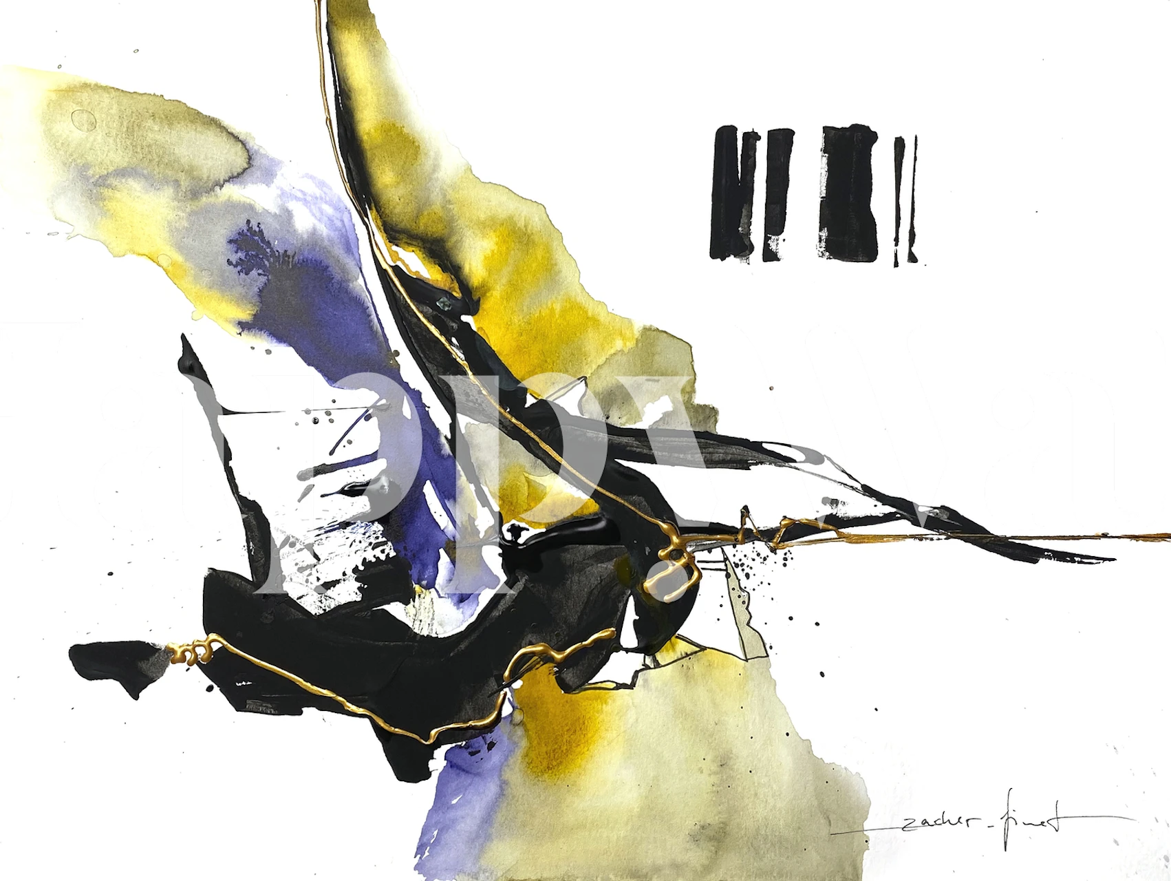 Abstract brush strokes in black, gold, and blue wallpaper