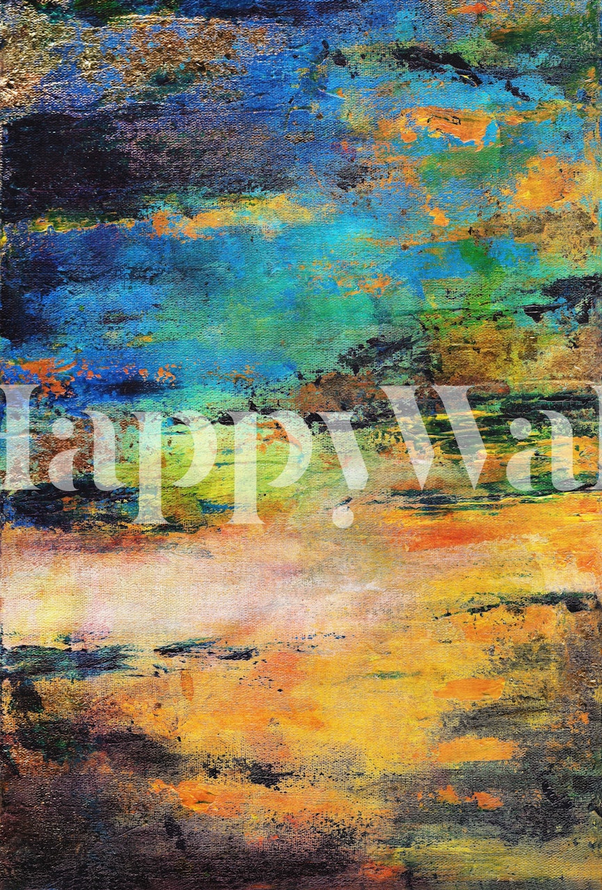 Abstract landscape painting wall mural with rich texture and vibrant colors.