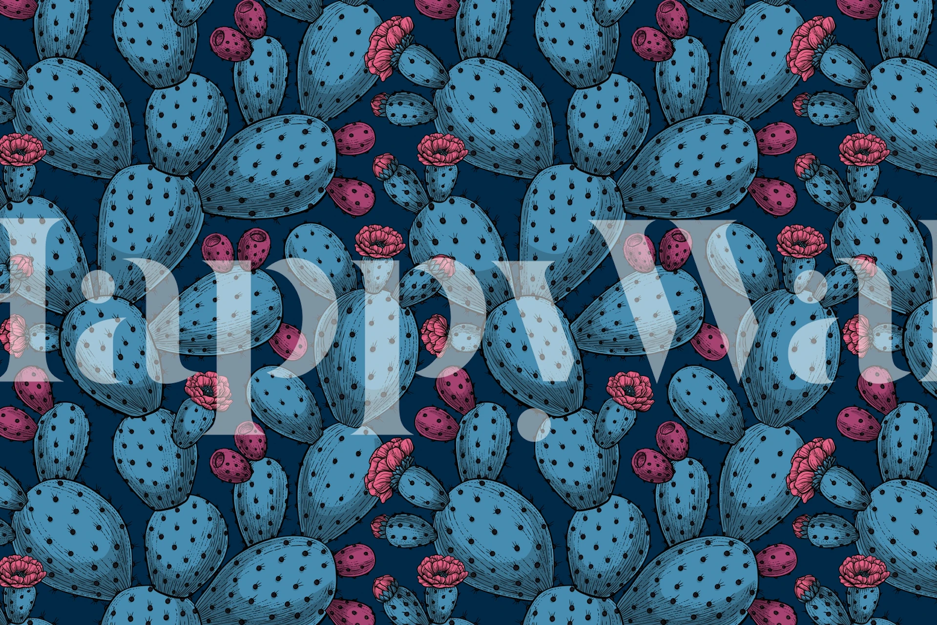 Opuntia kaktus mönster tapet med blå kaktusar och röda frukter på marin bakgrund.
