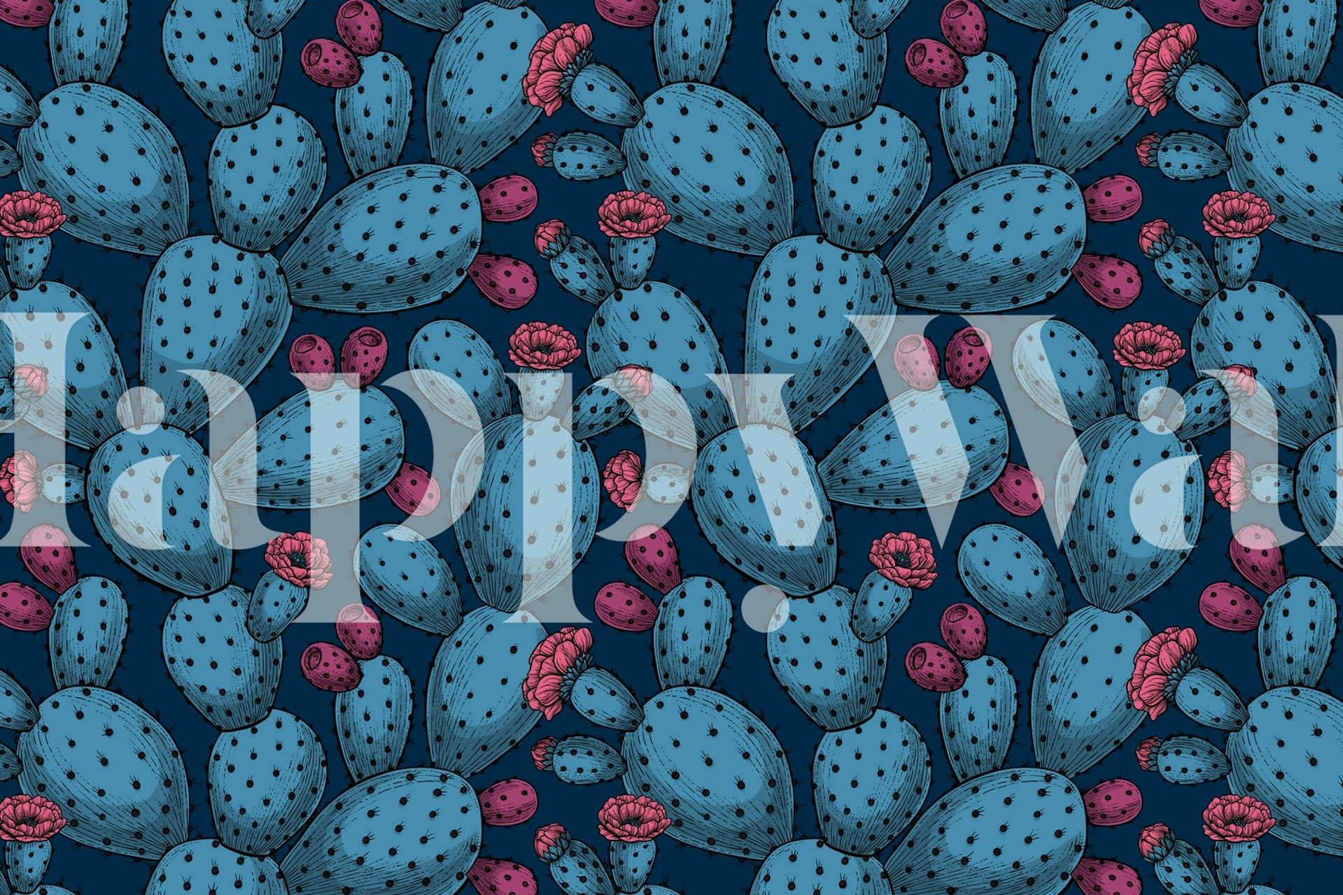 Fototapeta se vzorem kaktusu Opuntia s modrými kaktusy a červeným ovocem na námořnickém pozadí.