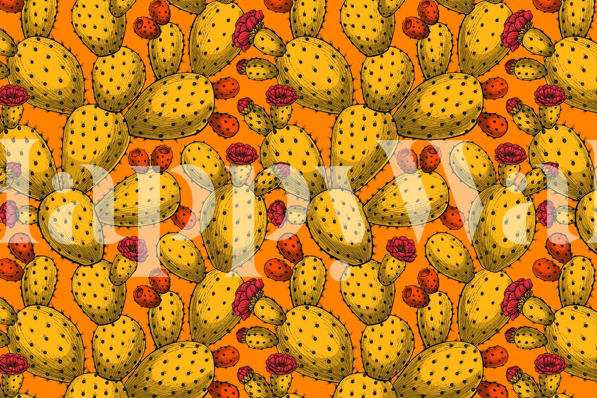 Opuntia cactus pattern with vibrant orange background for wall mural