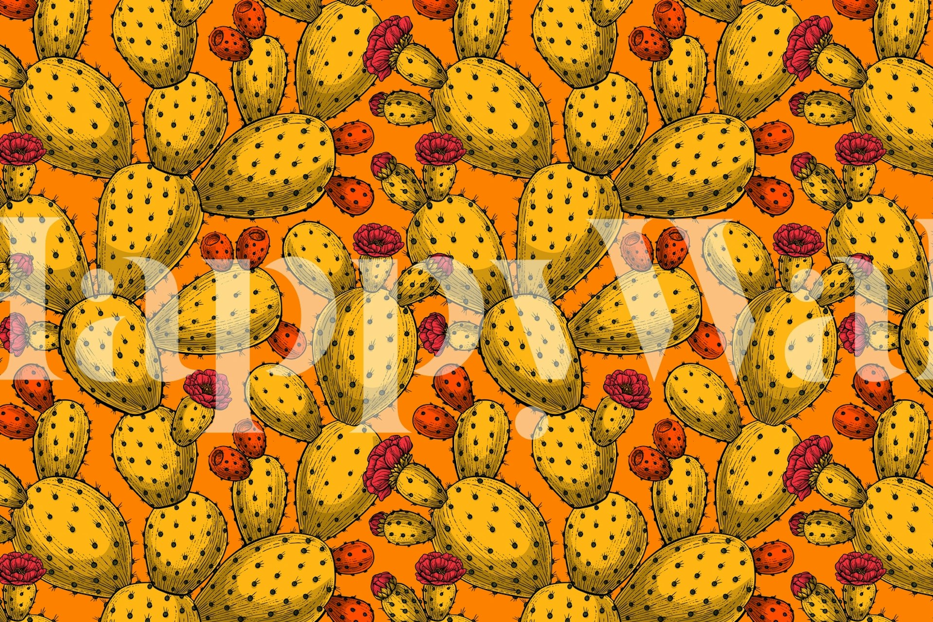 Vzor kaktusu Opuntia se zářivě oranžovým pozadím pro fototapetu