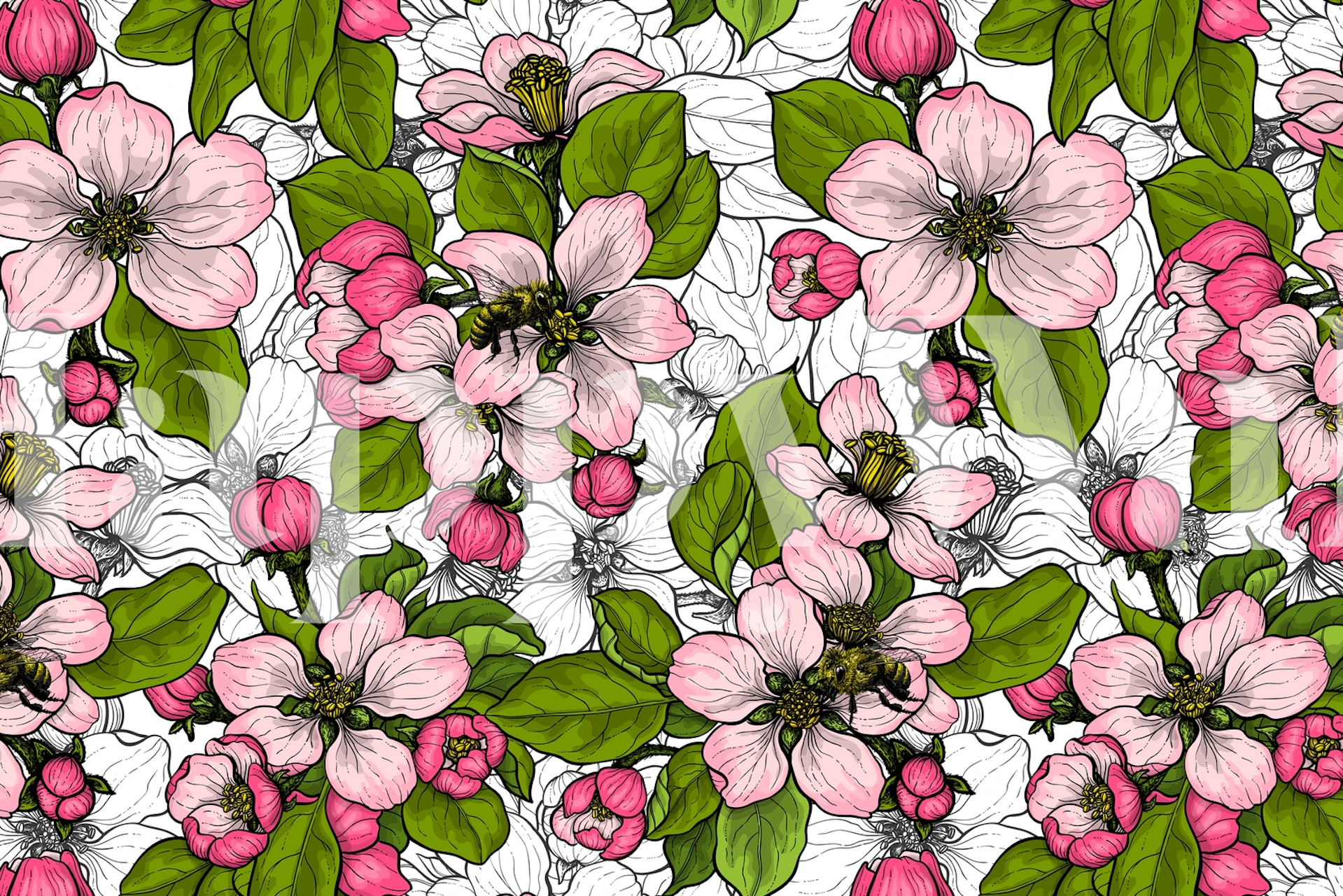 Pink apple blossoms with green leaves on white background wallpaper