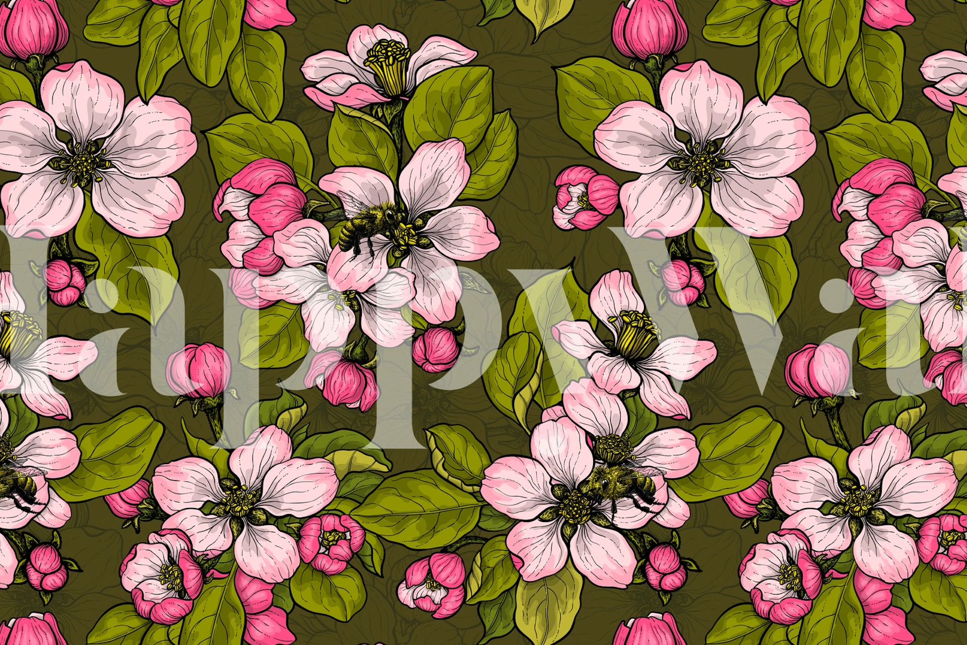 Pink floral design featuring blossoms and leaves on dark background wallpaper