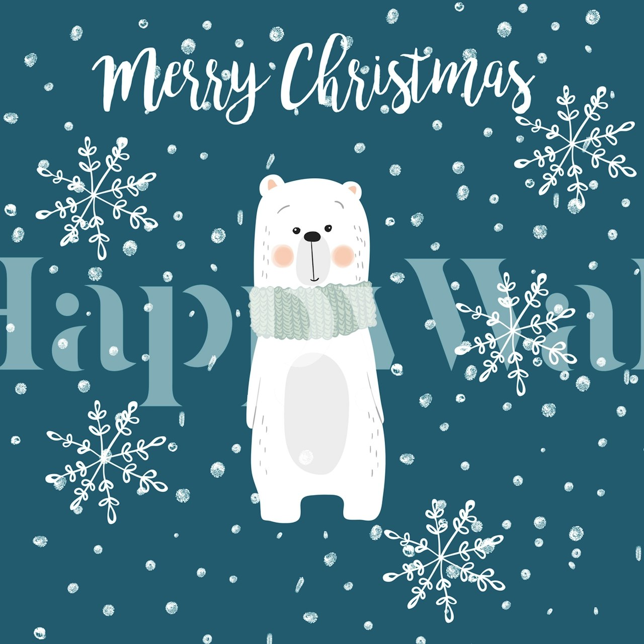 Mural de parede ilustrativo com um lindo urso polar com um lenço e flocos de neve em um fundo azul-petróleo com uma mensagem de Feliz Natal.