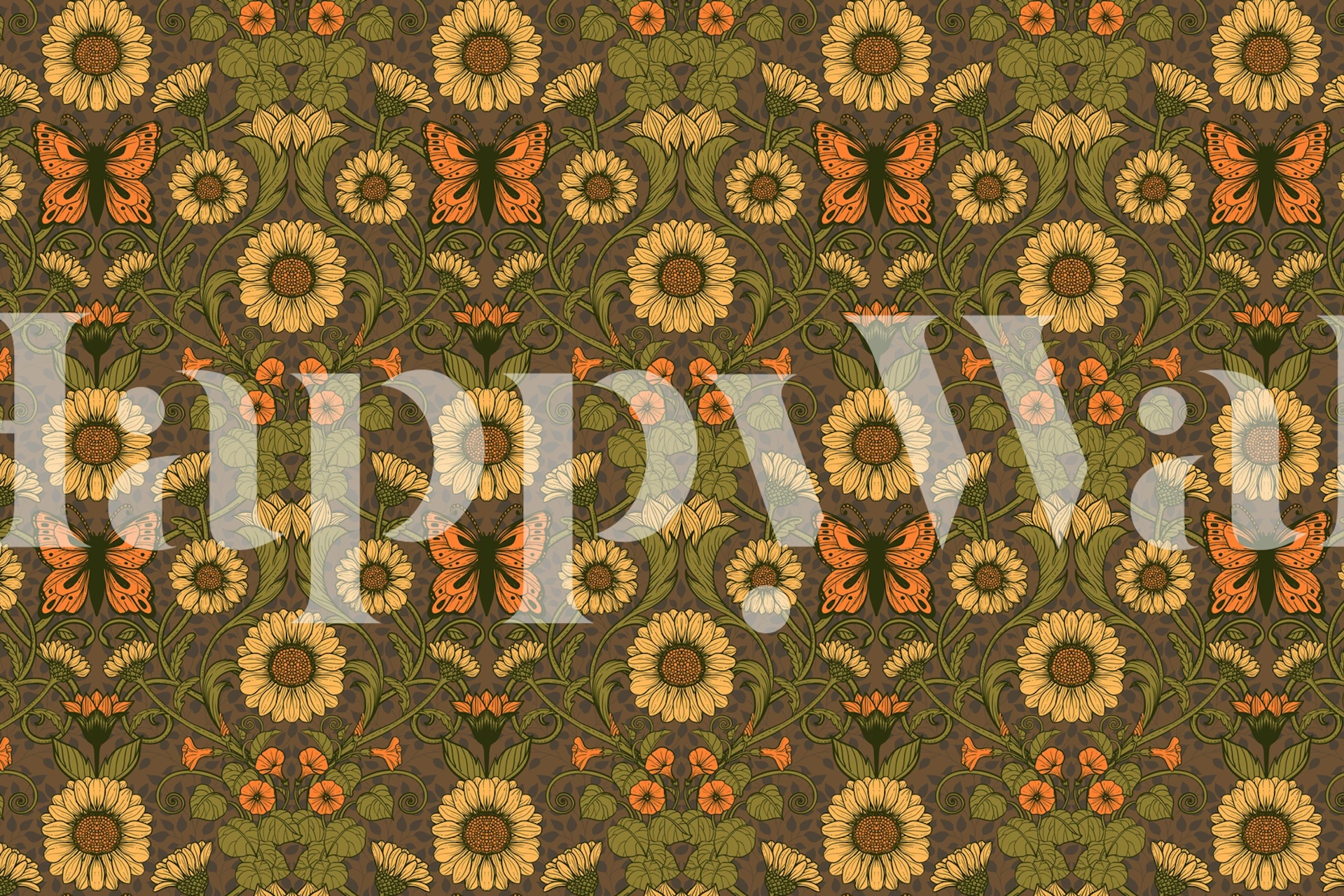 Vintage floral wallpaper with daisies and butterflies in warm colors.