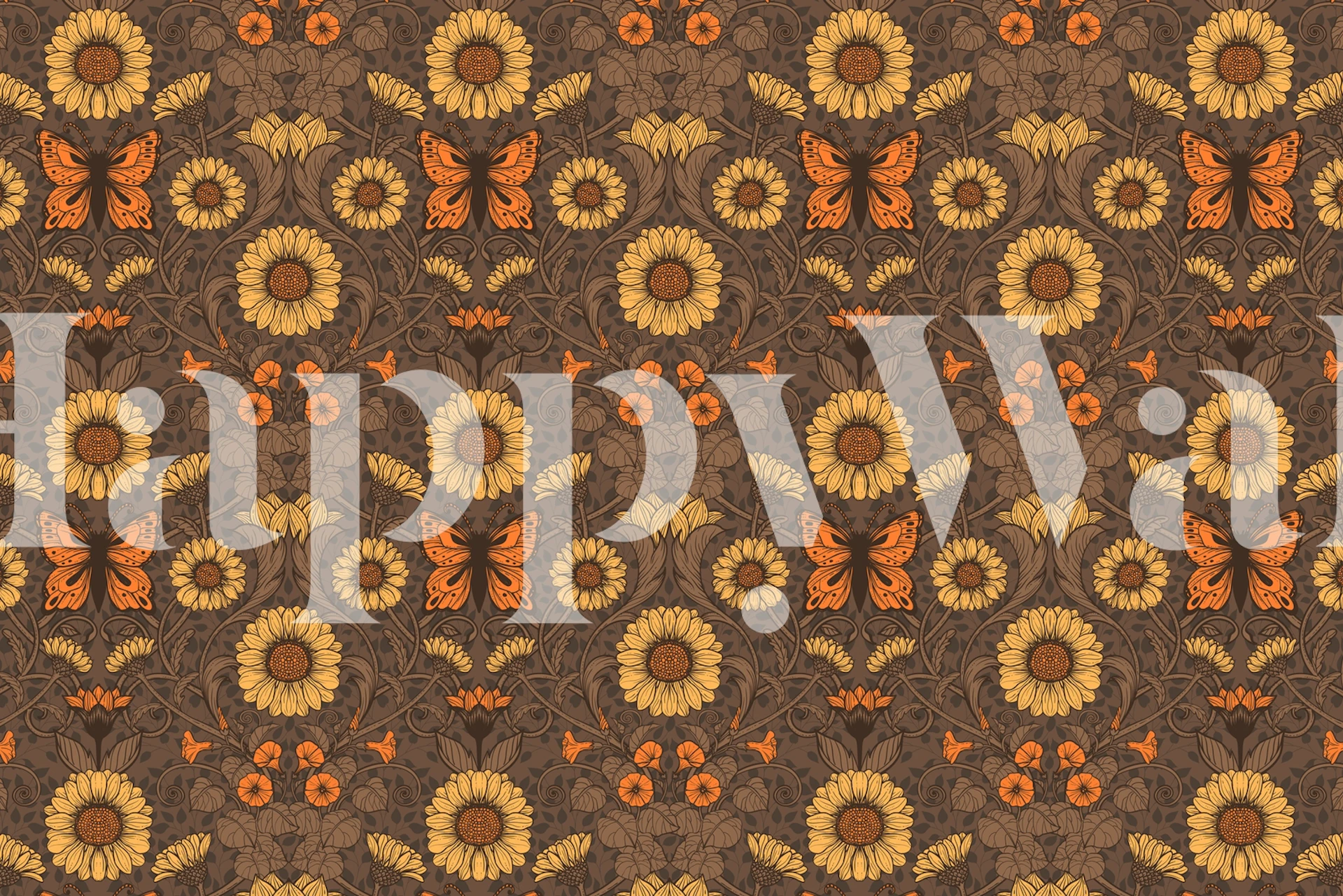 Vintage floral and butterfly pattern in orange and yellow tones on brown wallpaper