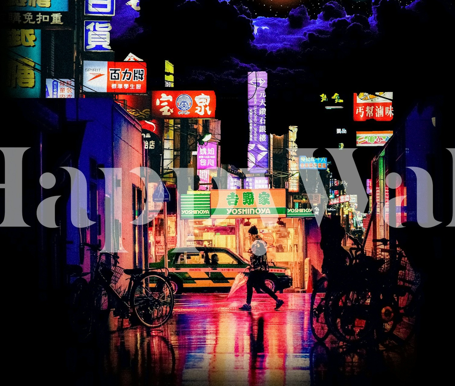 Neon lights in a city alley; colorful signs; urban mural wallpaper