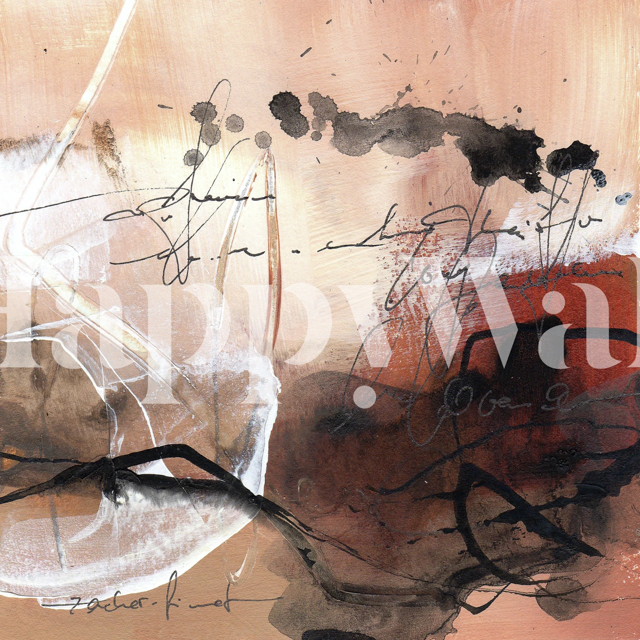 Abstraktes Wandbild mit warmen Erdtönen, dynamischen schwarzen Strichen und Schriftelementen