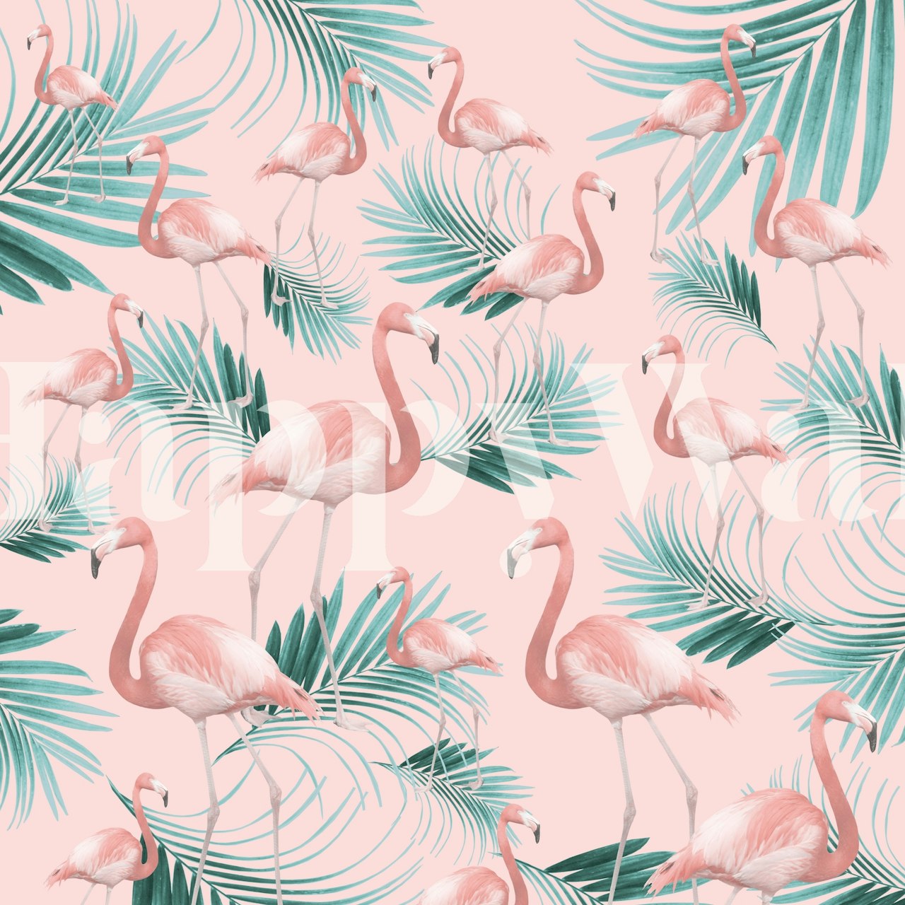 Tropical flamingo motif with pink birds and green palm leaves wallpaper