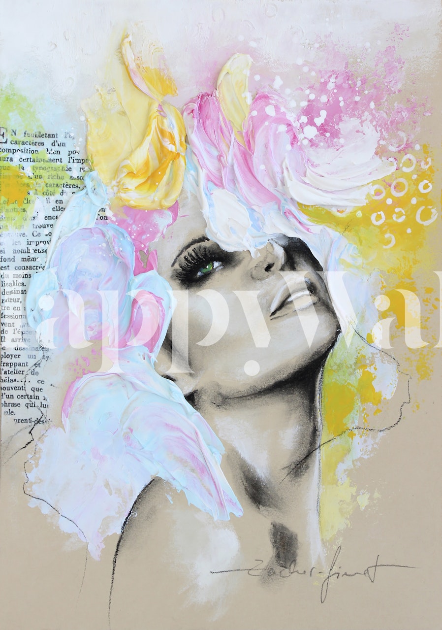 Mural artístico de uma mulher sonhando com uma paleta pastel de verão e detalhes florais