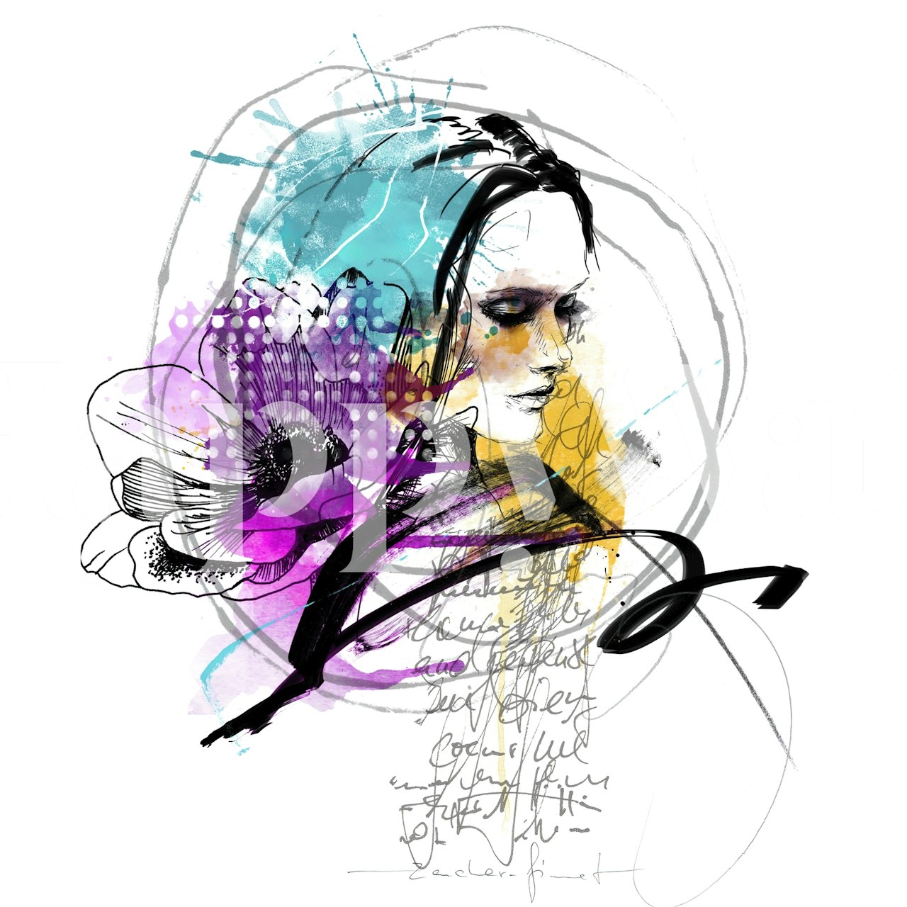 Artistic female portrait wallpaper in a room