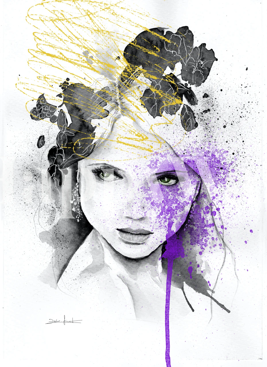 Floral portrait in black and white with purple and gold accents wallpaper