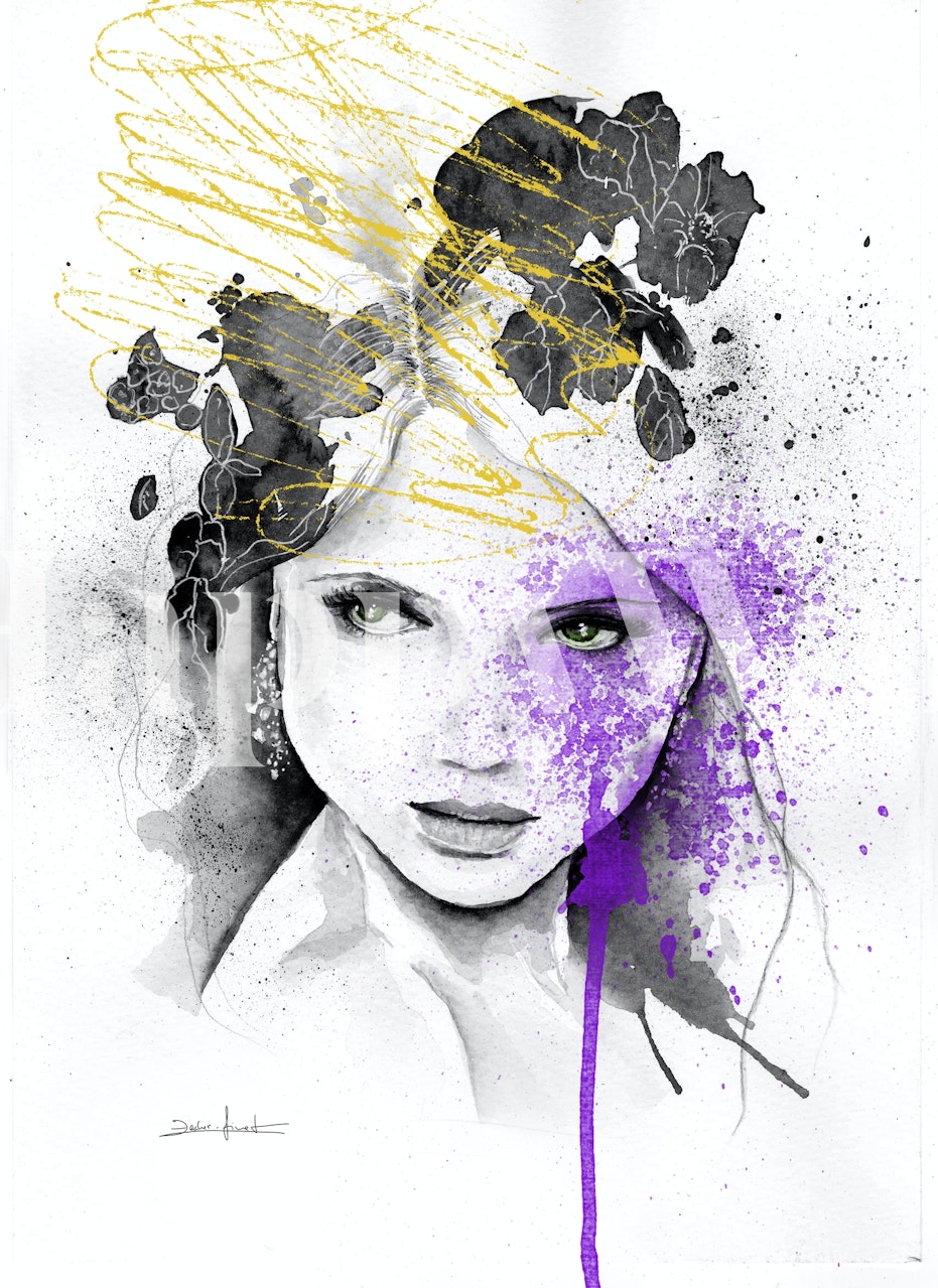 Floral portrait in black and white with purple and gold accents wallpaper