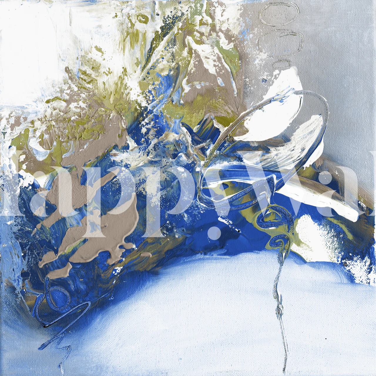 Abstract brush strokes in blue, gold, and white wallpaper