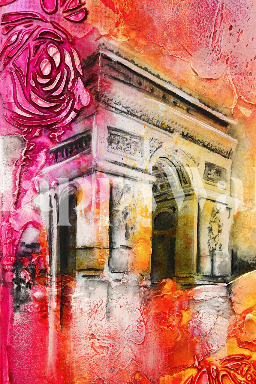 Expressive and colorful Paris-inspired wall mural featuring the Arc de Triomphe in bold pinks and reds.