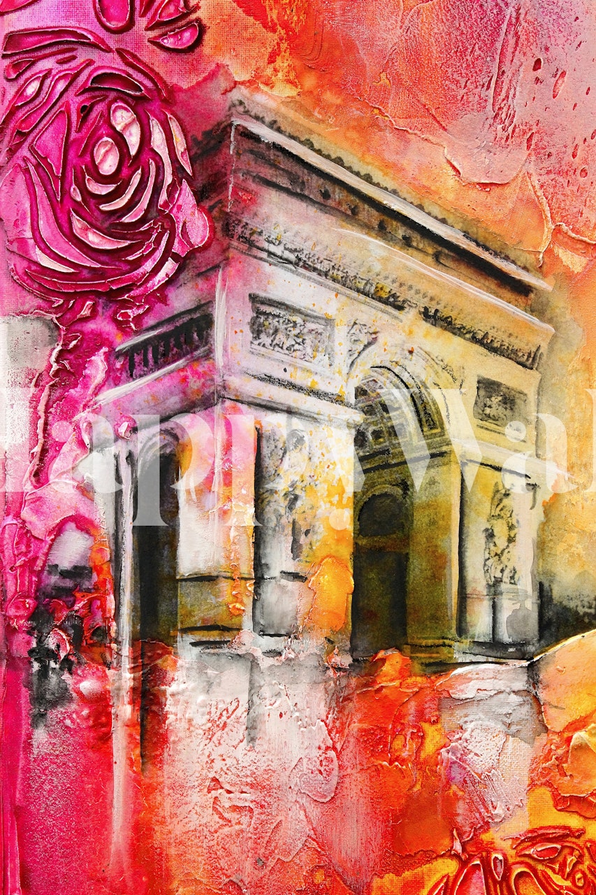 Ekspressivt og farverigt Paris-inspireret vægmaleri med Triumfbuen i dristige lyserøde og røde farver.