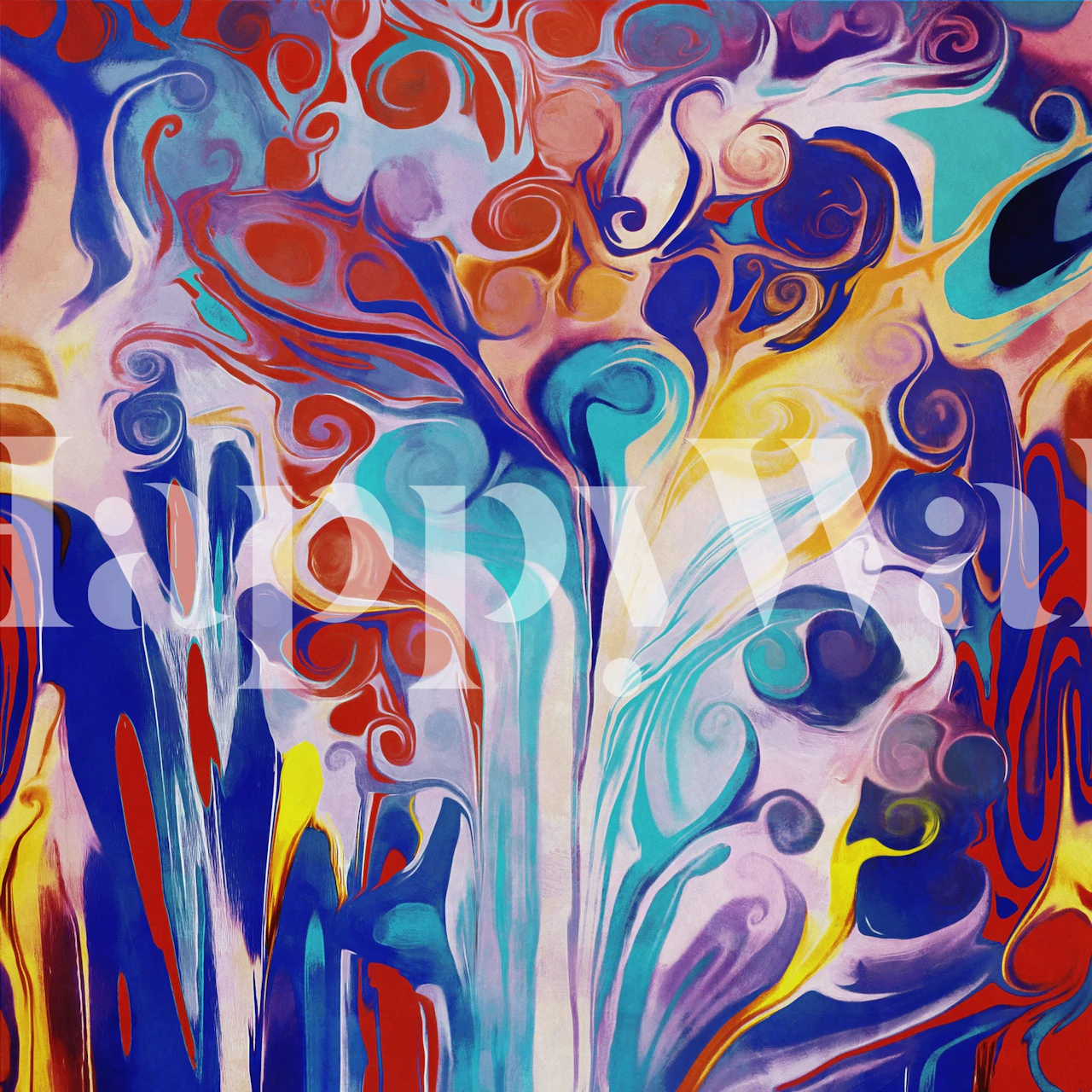 Abstract floral design with swirling colors including blue, red, and yellow wallpaper