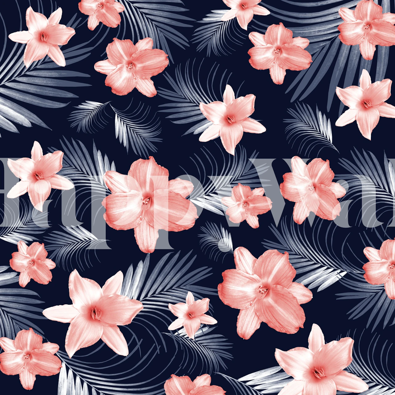 Tropical Flowers Palm vægmaleri med lyserøde blomster og mørkeblå løvbaggrund