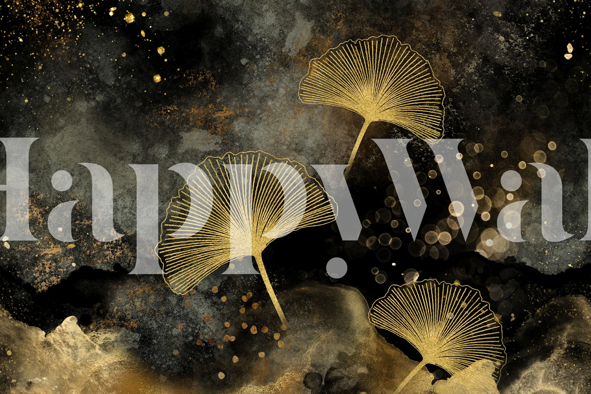 Ginkgo leaves in gold on a black and gold abstract background wallpaper