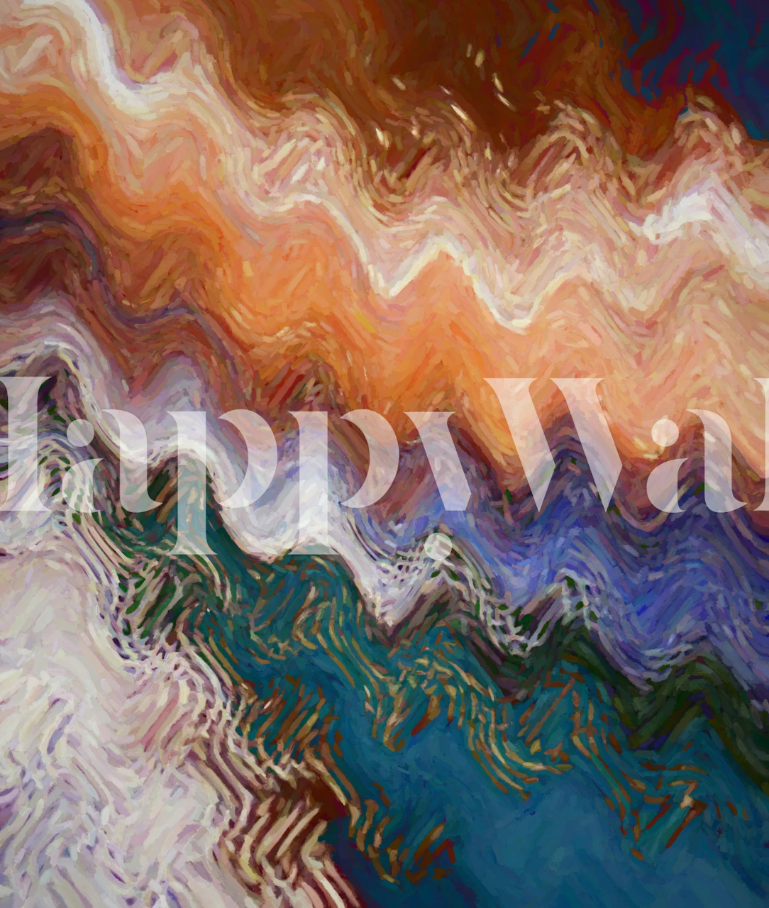 Mural abstracto que presenta un espectro de ondas en tonos de azul, naranja y marrón.