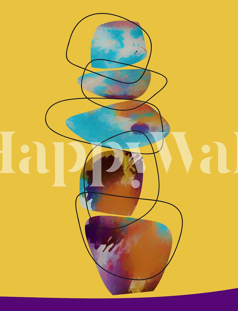 Fotomural piedras abstractas en equilibrio con colores vibrantes y fondo amarillo