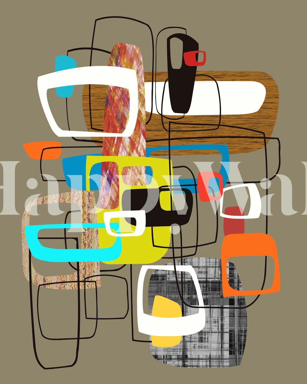 Colorful geometric shapes in white, black, and blue on a brown background wallpaper