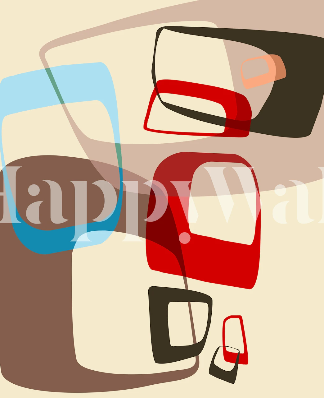 Fotomural vinílico de parede de formas geométricas flutuantes abstratas em tons de terra, azuis frios e detalhes em vermelho