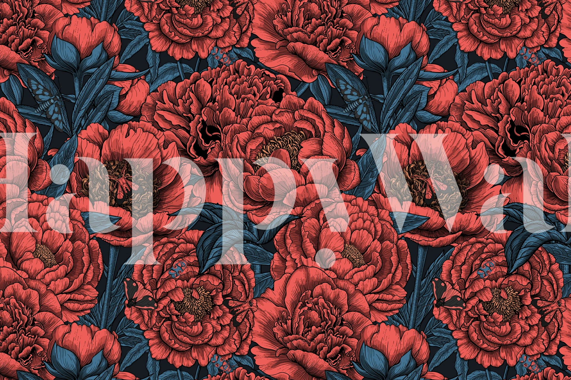 Red peony flowers with dark green leaves wallpaper