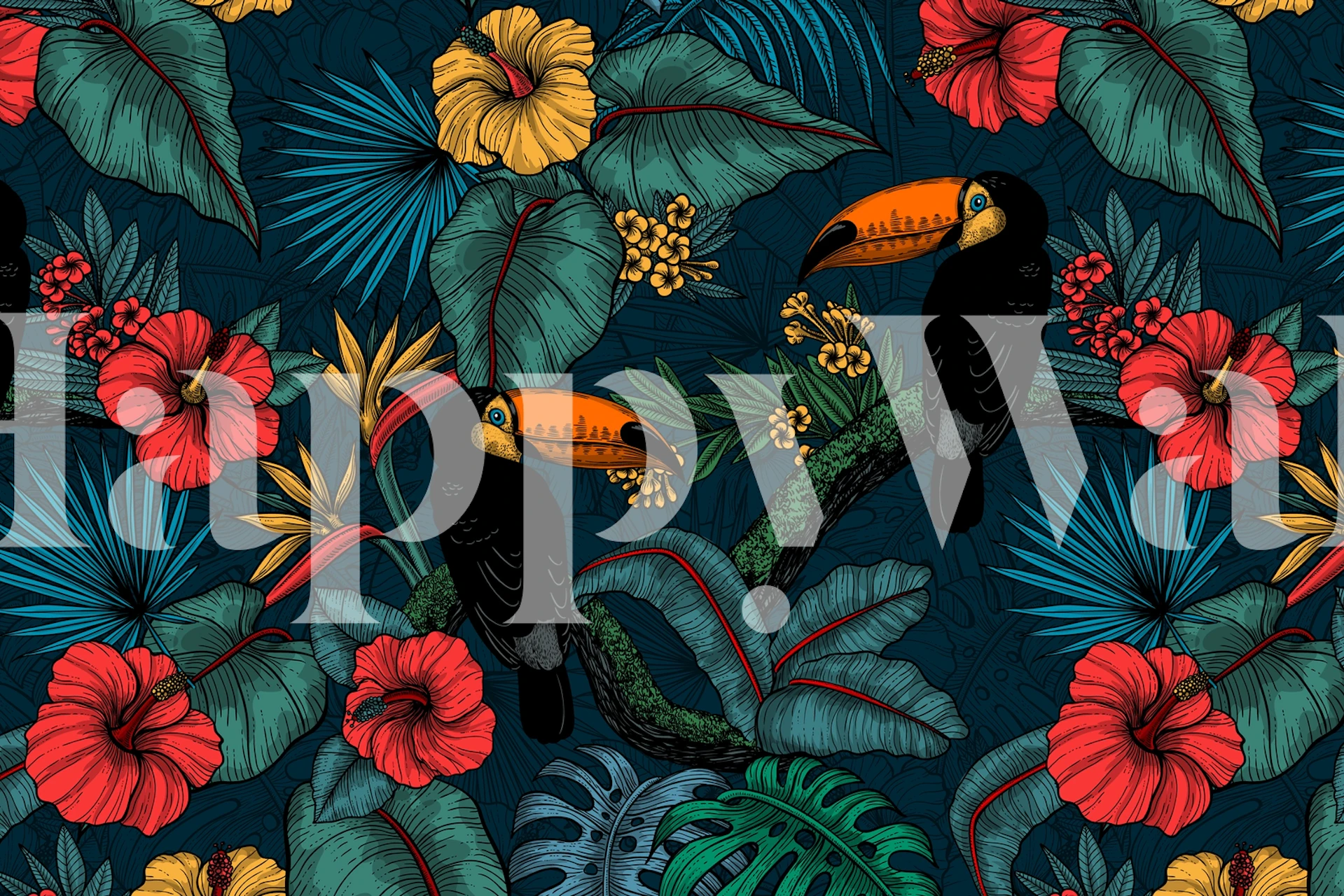 Toucan and colorful flowers on dark background wallpaper