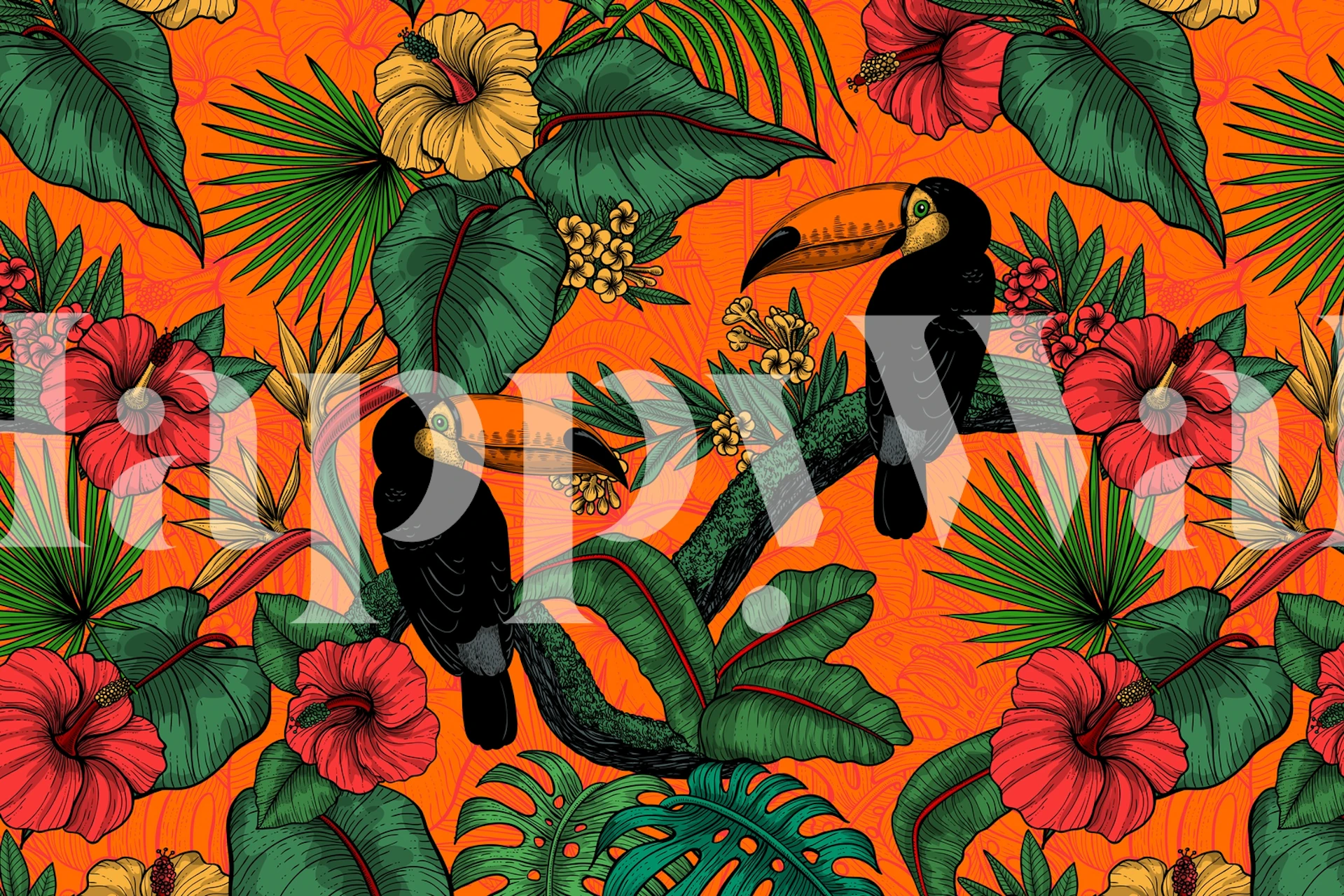 Fotomural de tucán tropical con flores de colores y exuberantes hojas verdes sobre un fondo naranja