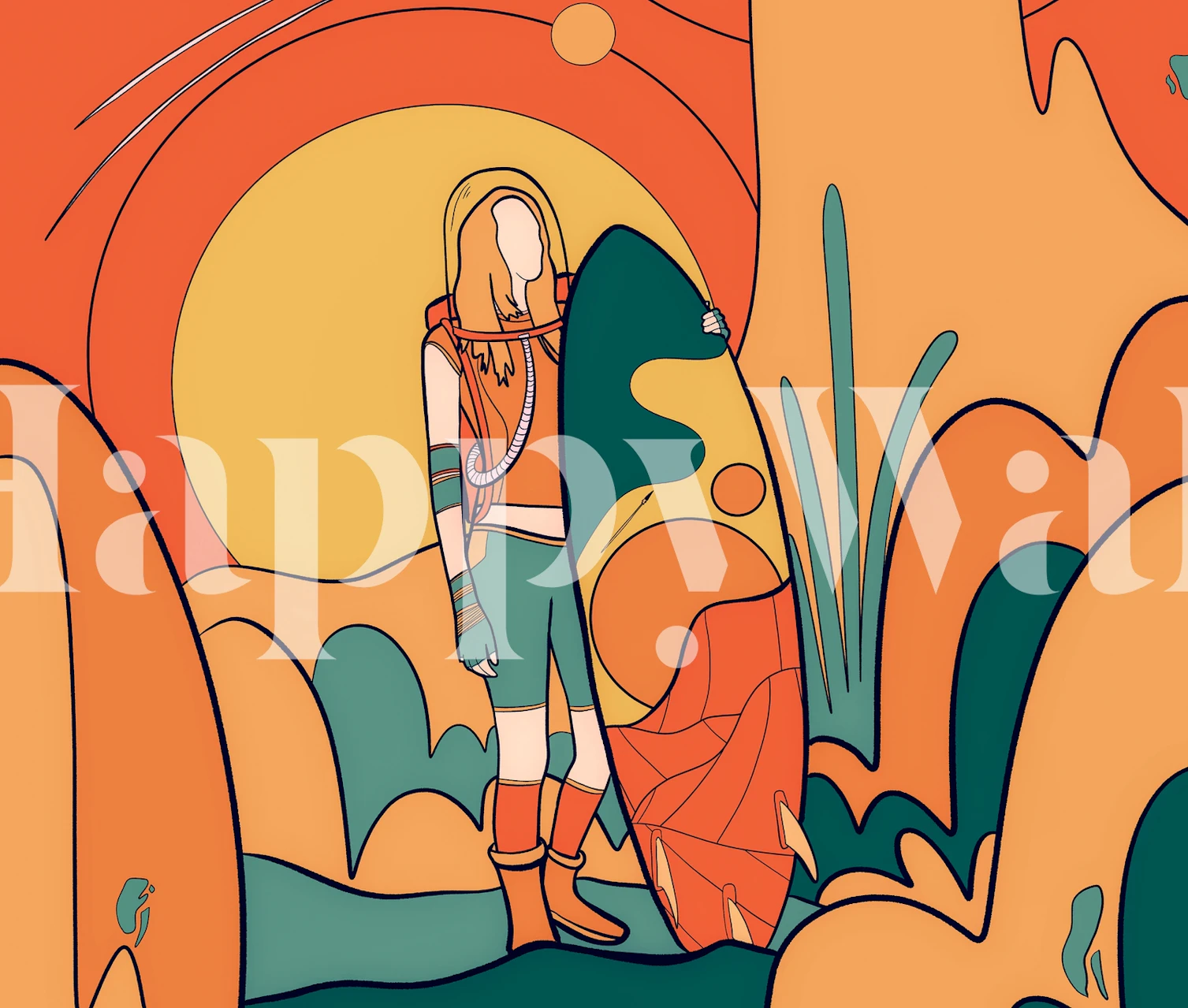 Colorful surfer wallpaper displayed in a room