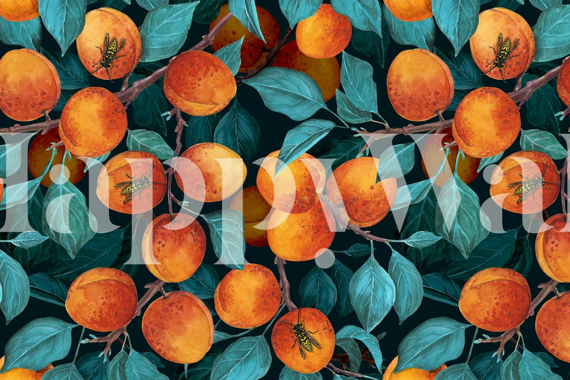 Dojrzałe morele na gałęziach z bujnymi zielonymi liśćmi fototapeta