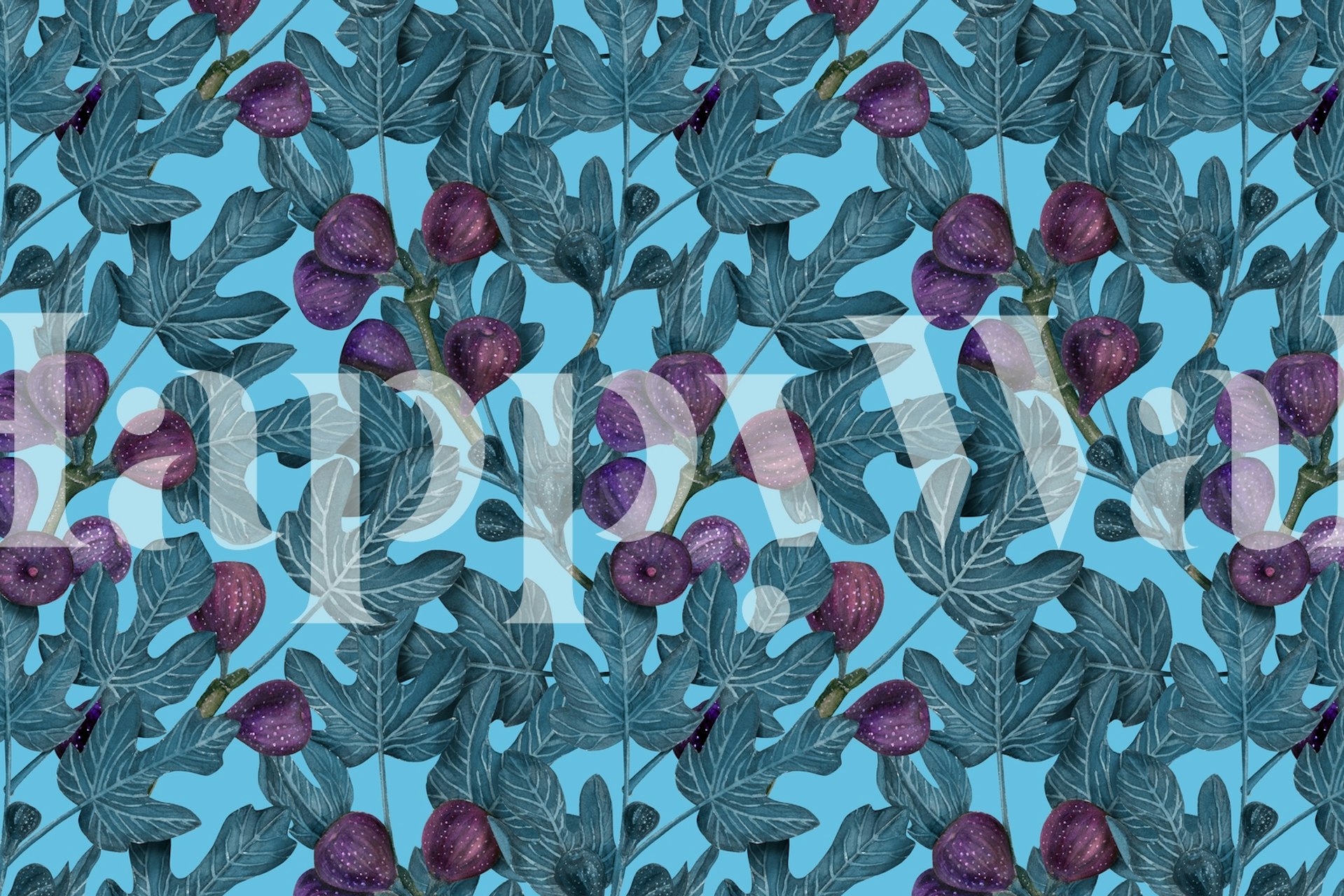 Purple fig branches with green leaves on blue background wallpaper