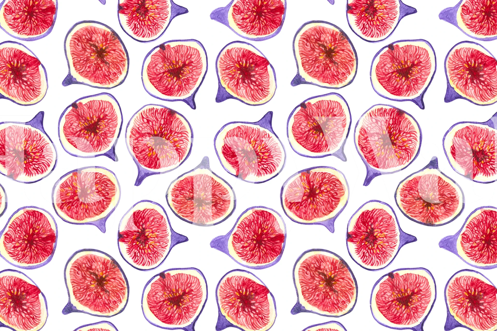 Watercolor fig slices pattern wall mural in shades of pink and purple