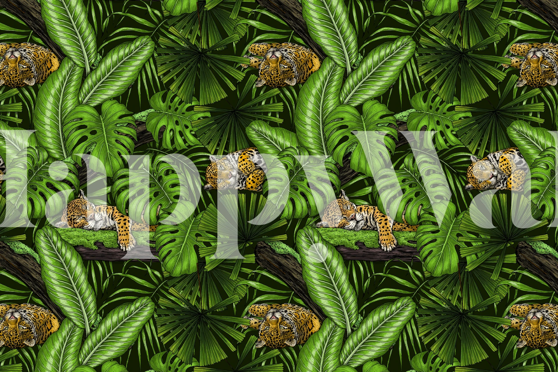 Thriving green jungle foliage with leopards resting wallpaper