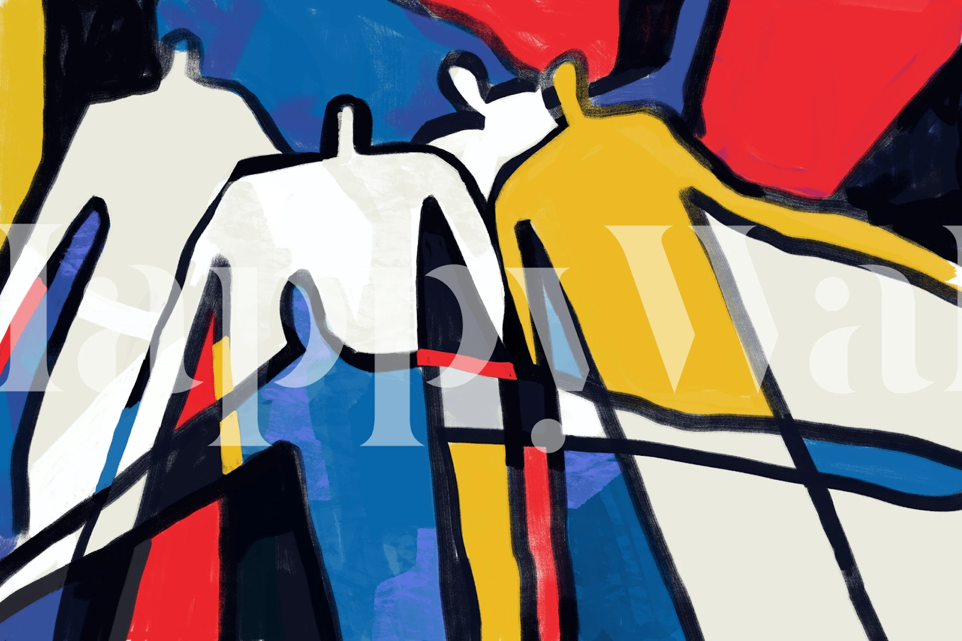 Colorful abstract geometric shapes in red, blue, yellow, and white wallpaper