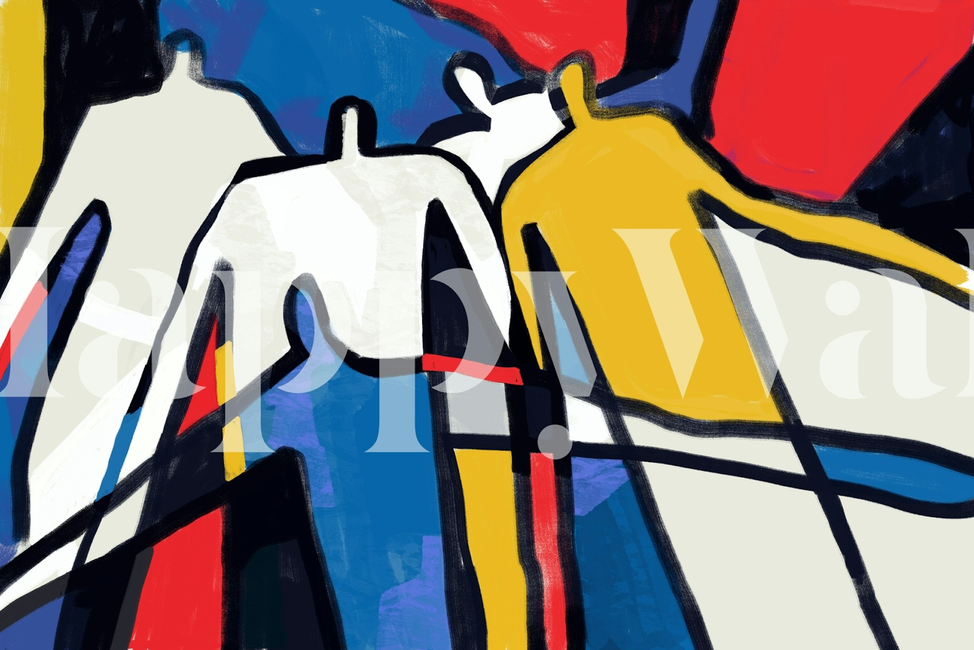 Colorful abstract geometric shapes in red, blue, yellow, and white wallpaper